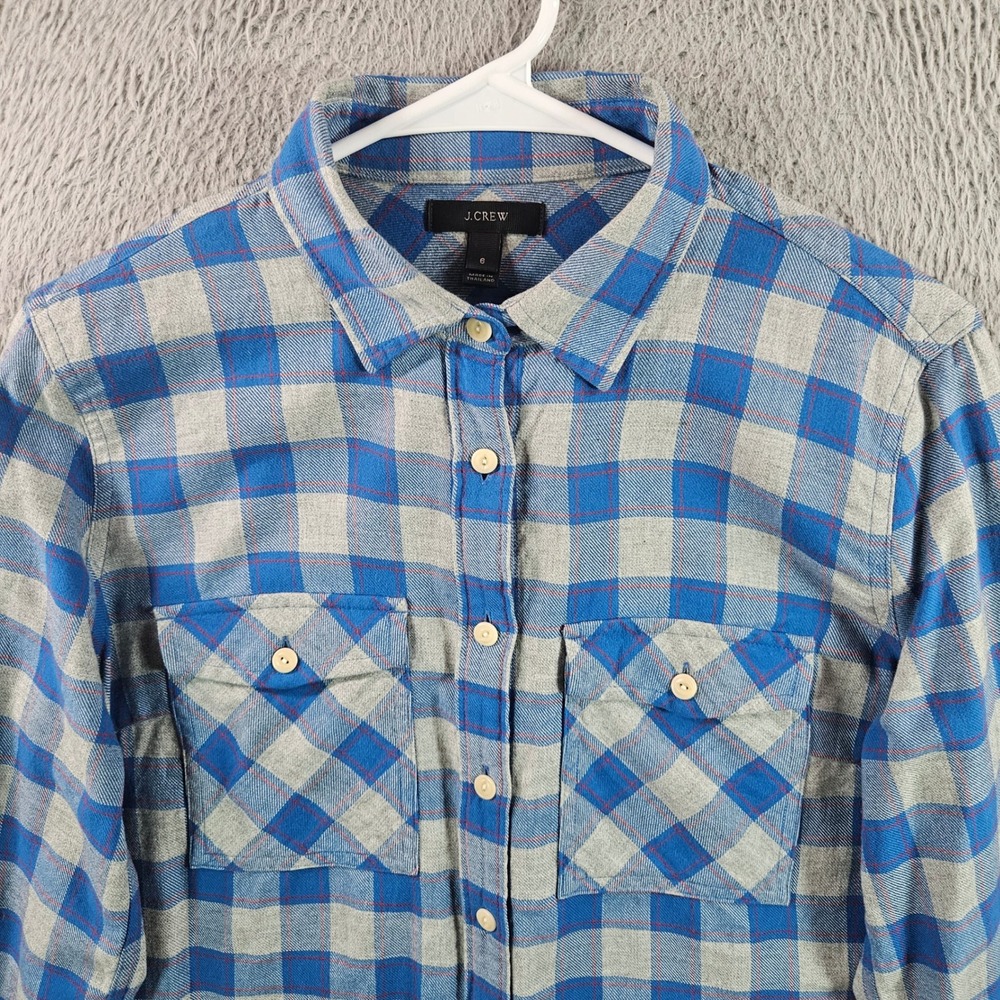J Crew Women‎ Size 6 Blue Grey Plaid Flannel Button Up Shirt Long Sleeve Cotton - Picture 2 of 9